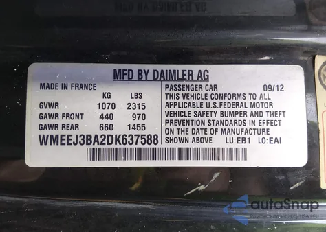 2013 Smart Fortwo Passion z USA, uszkodzony, nr VIN WMEEJ3BA2DK637588